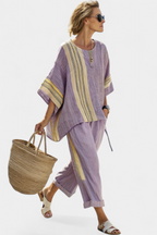 Elowric | Top elegante lavanda & Pantaloni a righe senape