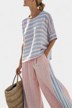 Virella | Elegante Blusa in Lino Rosa-Blu e Pantaloni Morbidi