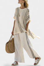 Greysen | Elegante Blusa in Lino Avorio e Pantaloni a Righe Nere