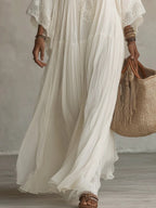 Adelaida | Abito lungo in chiffon color avorio con maniche a pipistrello e pizzo bianco